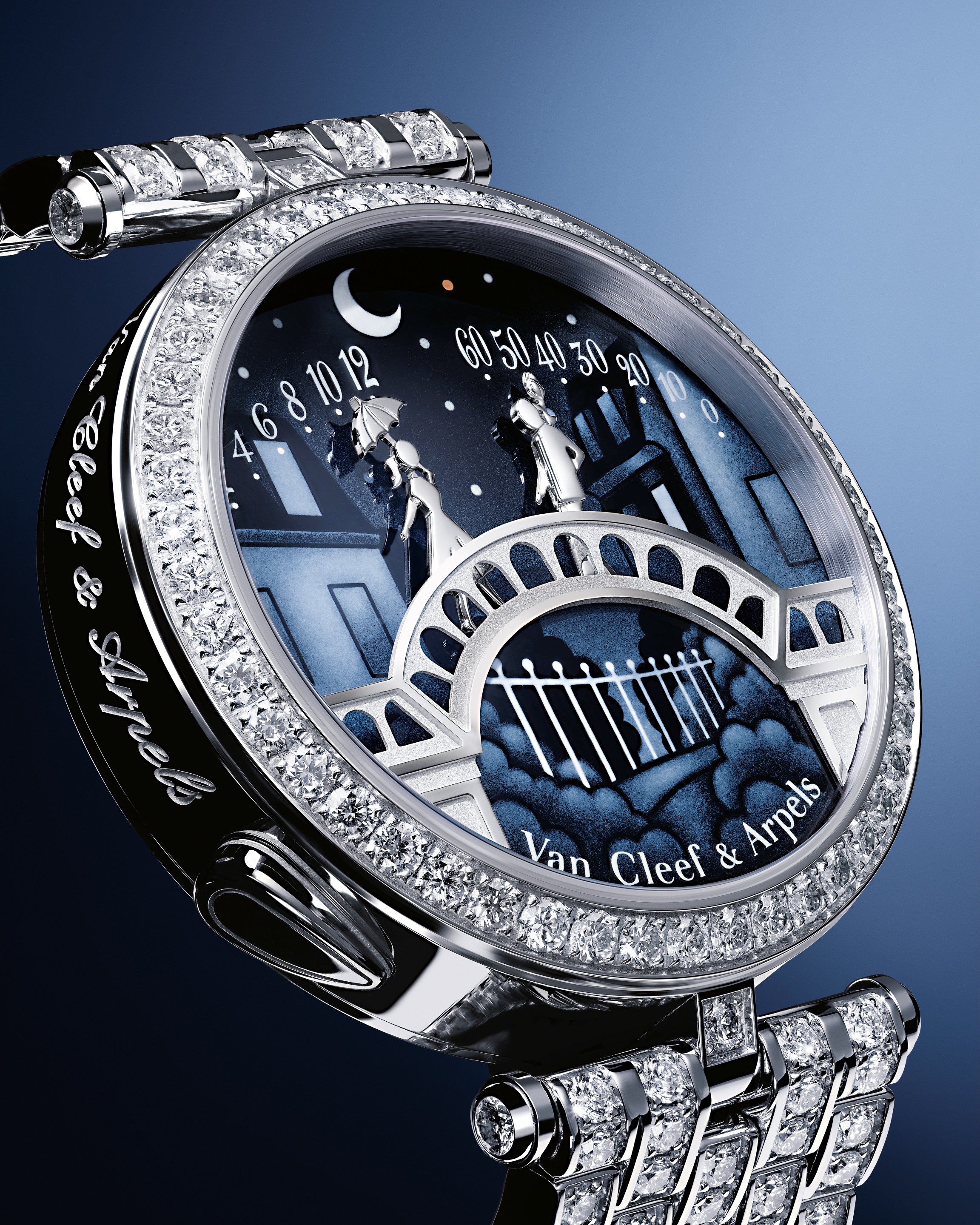Lady Arpels Pont des Amoureux watch. Rhodium plated 18K white gold, diamonds, enamel, self-winding mechanical movement, retrograde and on-demand animation. Poetic Complications® collection, Van Cleef & Arpels.